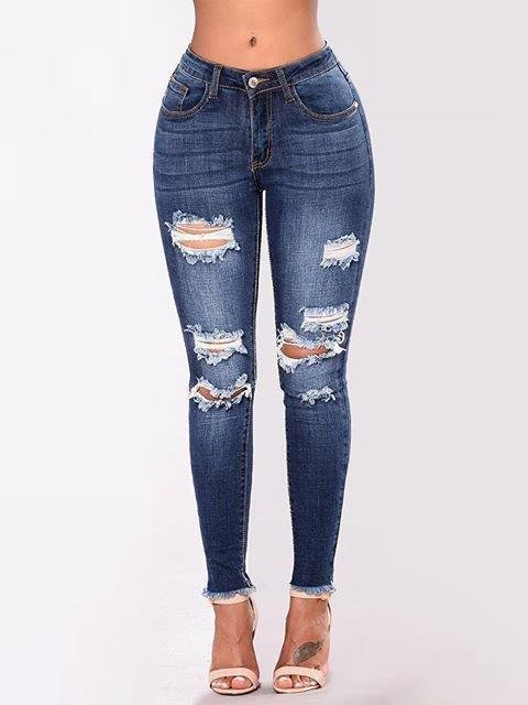Elastic Slim-Fit Trousers With Stretch Holes