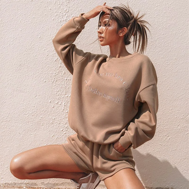 Spring Autumn Women Tracksuit Loose Two Piece Sets Casual Long Sleeve Letter Sweatshirt & Elastic Waist Shorts Outfits