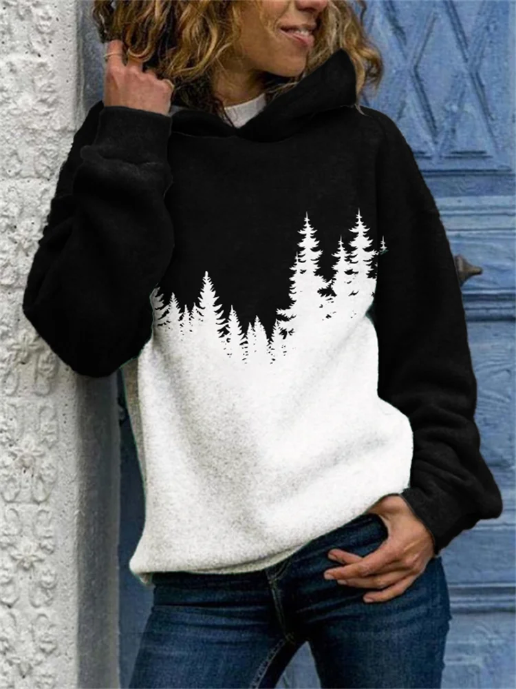 Forest Silhouette Contrast Color Hoodie