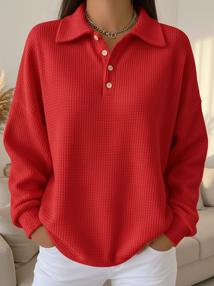 Women's Casual Polo Button Waffle Top Sweatshirt