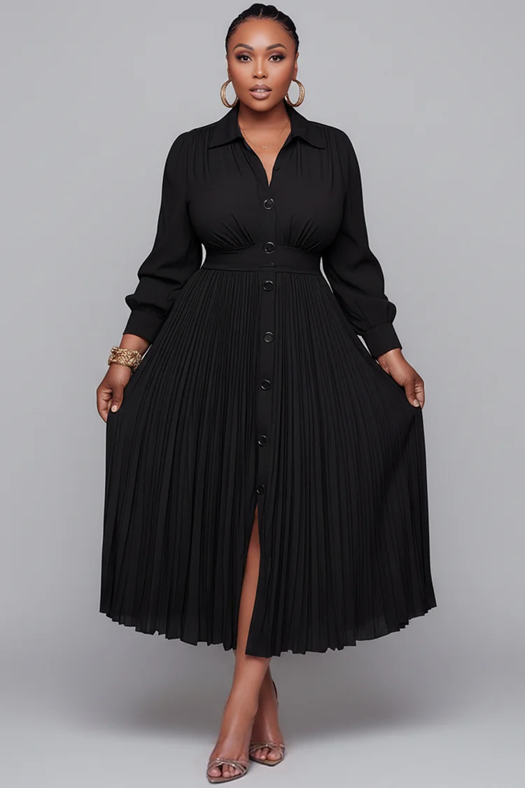 Xpluswear Design Plus Size Churchs Black Shirt Collar Long Sleeve Button Elegant Pocket Midi Dresses