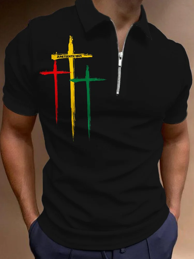 BrosWear Men's Juneteenth Cross Christian African Black Freedom Day Polo Shirt