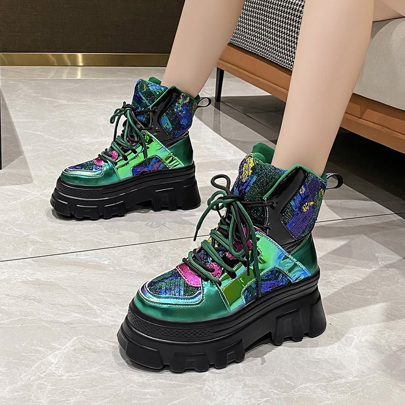 Women's New Bright Color Contrast High-top Shoes Fashion High-heeled Martin Boots-PABIUYOU- Women's Fashion Leader