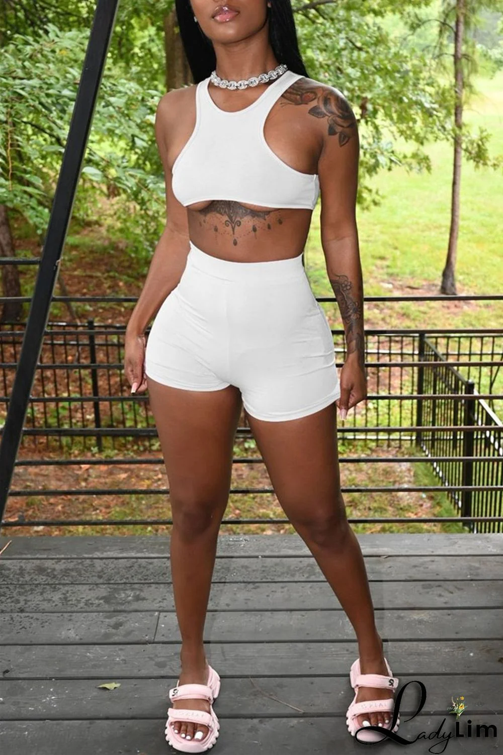 Orange Fashion Casual Sportswear Solid Basic O Neck Sleeveless Two Pieces