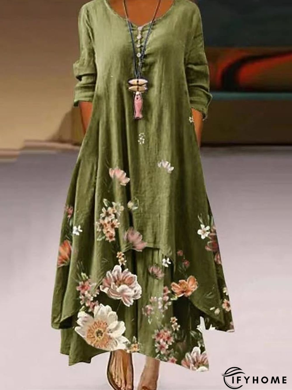 Women's Long Dress Maxi Dress Casual Dress Swing Dress Print Dress Animal Flower Casual Outdoor Daily Weekend Pocket Print Long Sleeve V Neck Dress Loose Fit Light Green Pink Purple Fall Spring S M L | IFYHOME