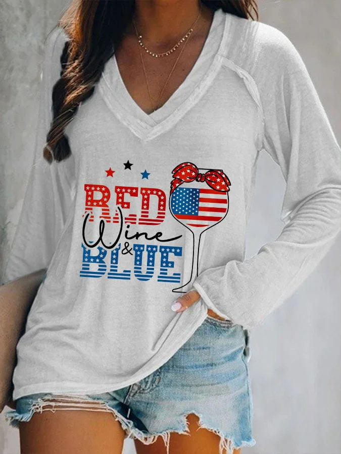 Women's Red Wine Blue Red Wine Glass Flag Print V-Neck T-Shirt