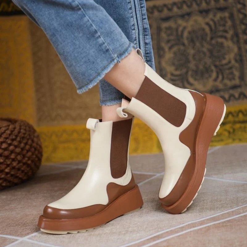 Genuine Leather Ankle Boots For Women Slip On Round Toe Platform Flat Hheel Mixed Color Party Boots Footwear Size 34-39