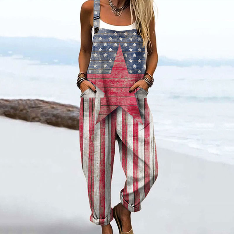 Women's Vintage Independence Day Print Casual Wide Leg Jumpsuit wearshes