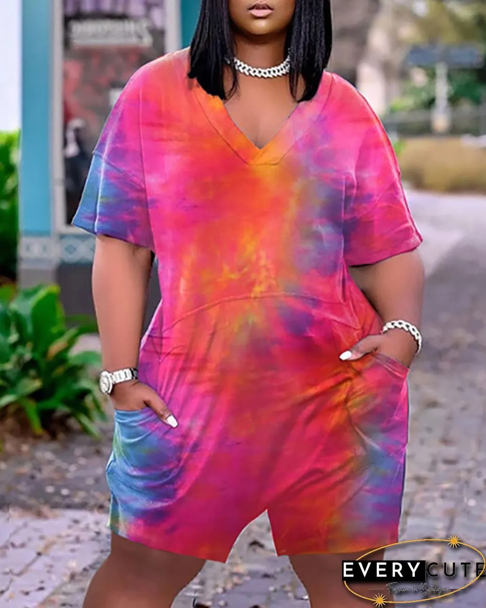 Tie Dye Print Pocket Design Half Sleeve Casual Romper