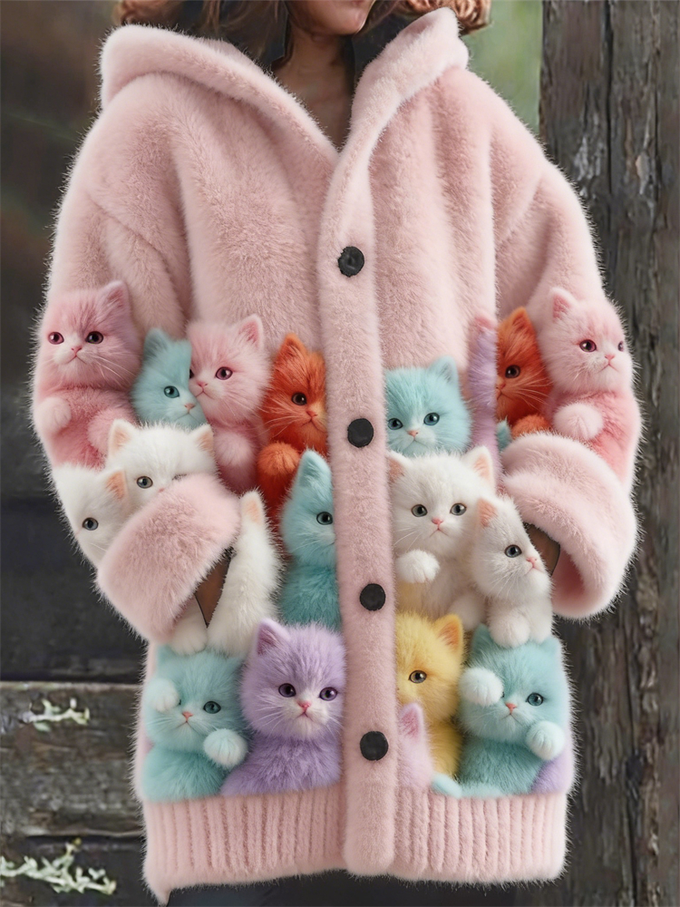 Lovely Colorful Fuzzy Cats Cozy Hooded Cardigan wearshes