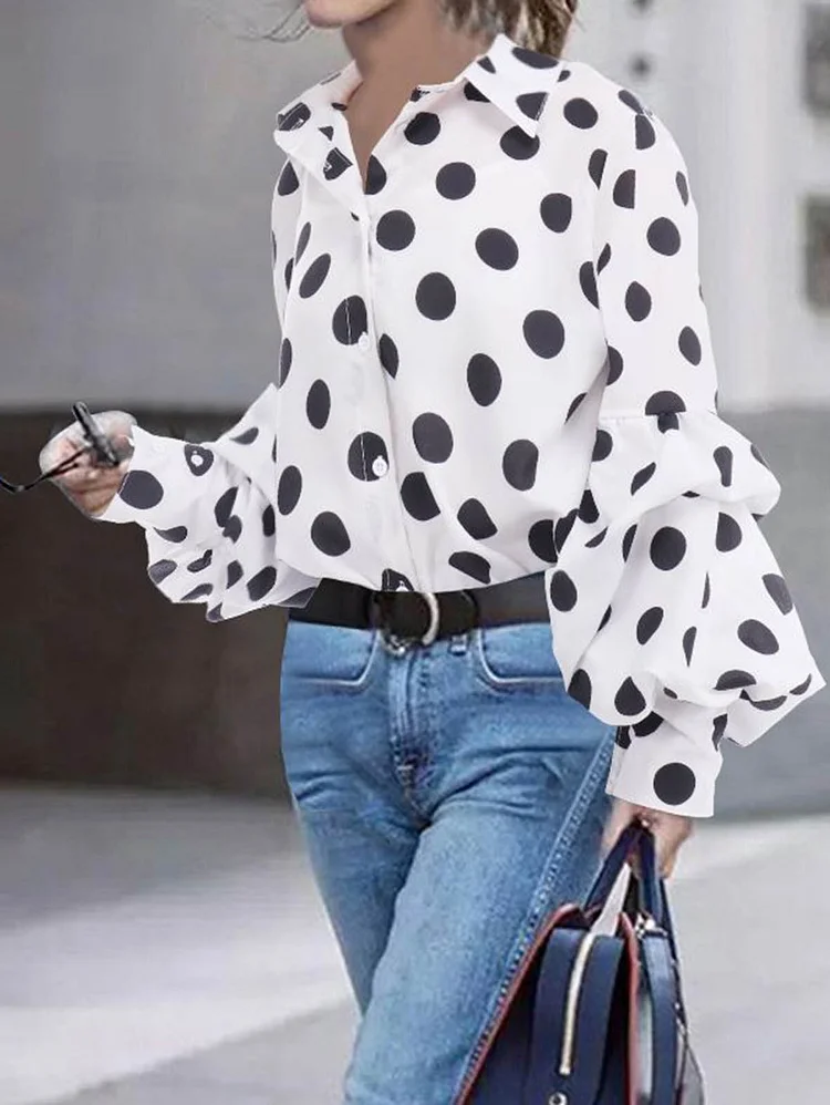 Elegant Polka Dot Lapel Collar Bishop Sleeve Button Blouse