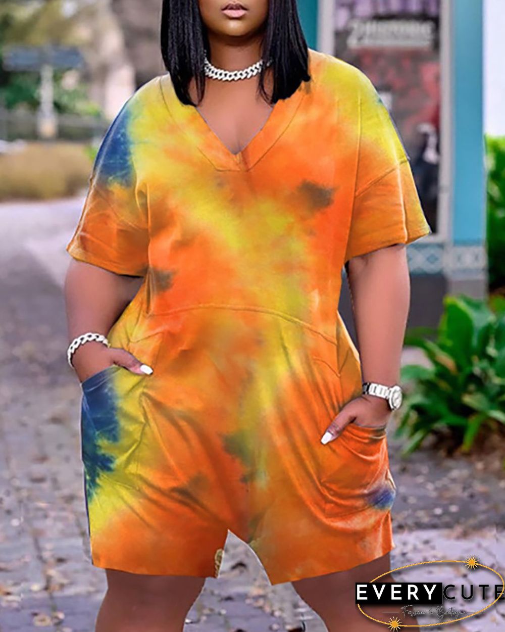 Tie Dye Print Pocket Design Half Sleeve Casual Romper
