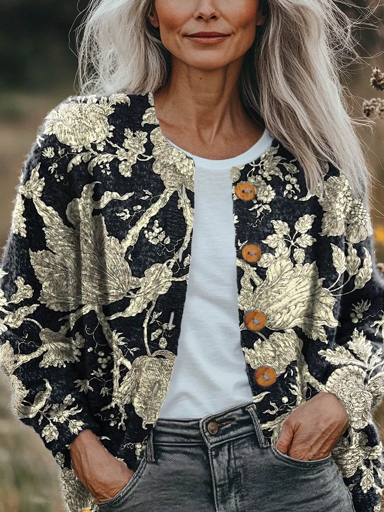 Women's Vintage Lovely Floral Art Print Buttoned Cardigan Sweater