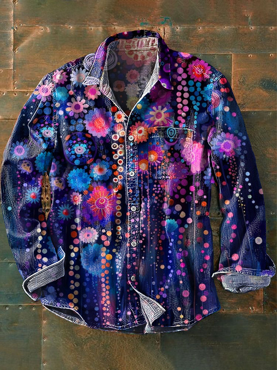 Men's Vintage Floral Color Painting Art Print Long Sleeve Pocket Shirt