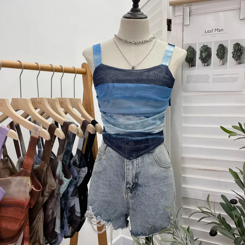 Churchf Hottie Tie Dye Irregular Sleeveless Small Sleeveless Sleeve Strip Back Strap Bow Strap Bow Blouse 8757