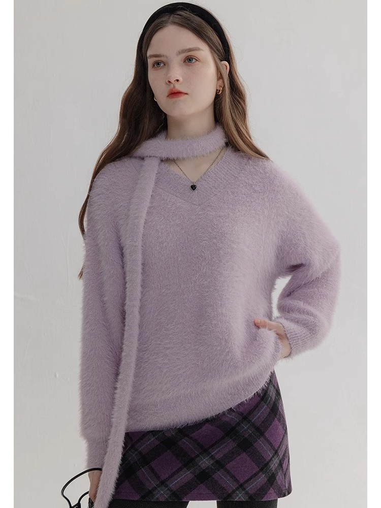 Retro Pure Desire Hot Girl V-Neck Solid Color Sweater Women'S Autumn/Winter Imitation Mink Knitted Sweater With Neck