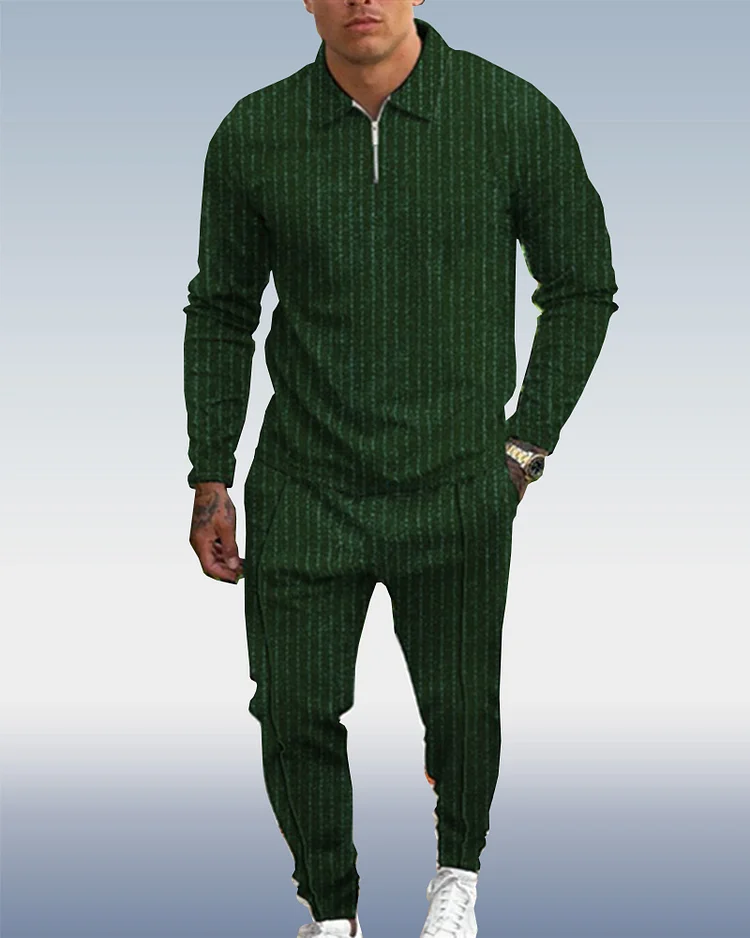 Men's Texture Streaks Zipper POLO Set 0102
