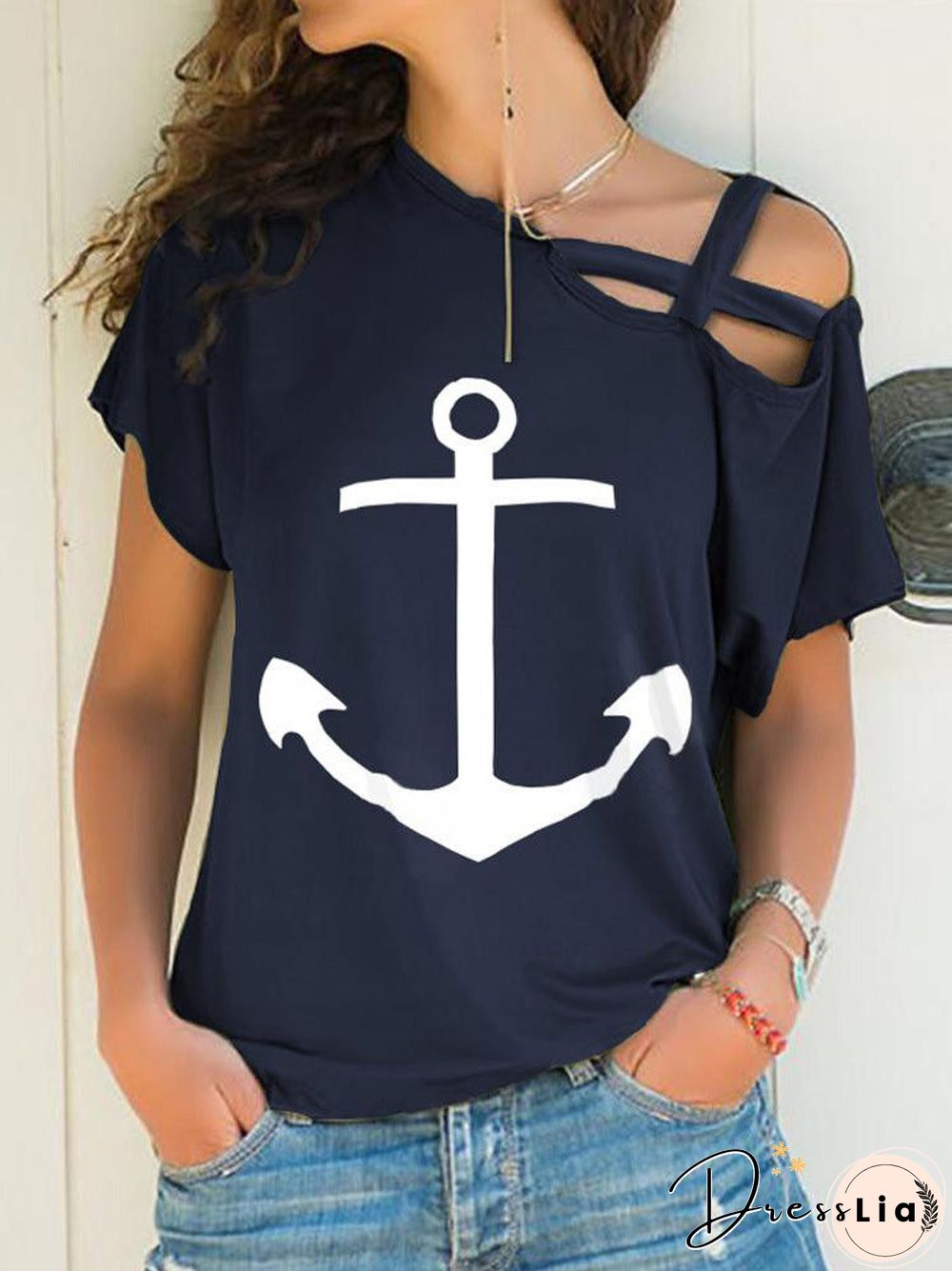 Women'S T-Shirts Printed Asymmetric Strap Short Sleeve T-Shirt