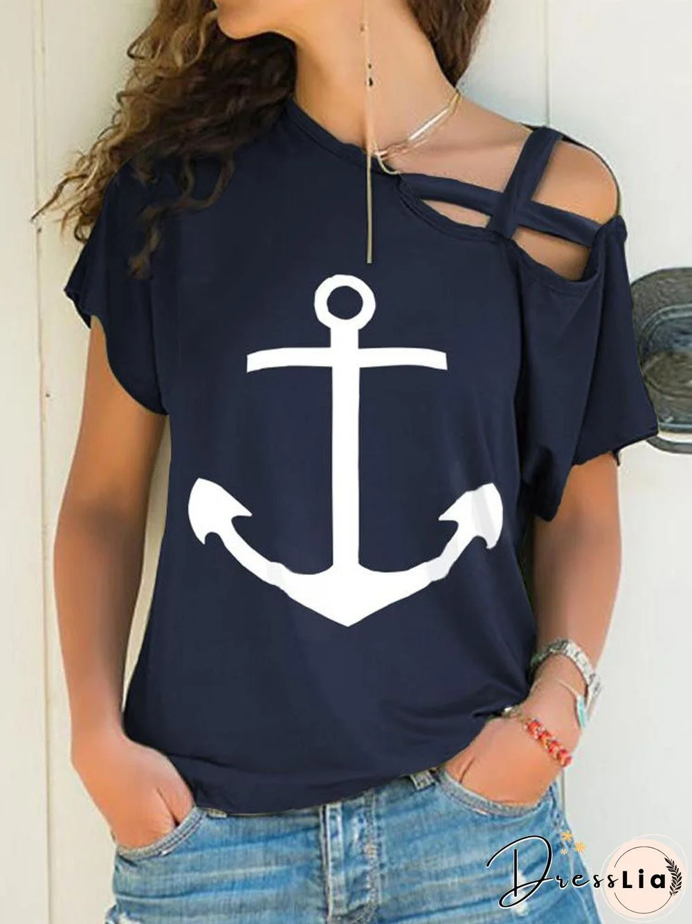Women'S T-Shirts Printed Asymmetric Strap Short Sleeve T-Shirt