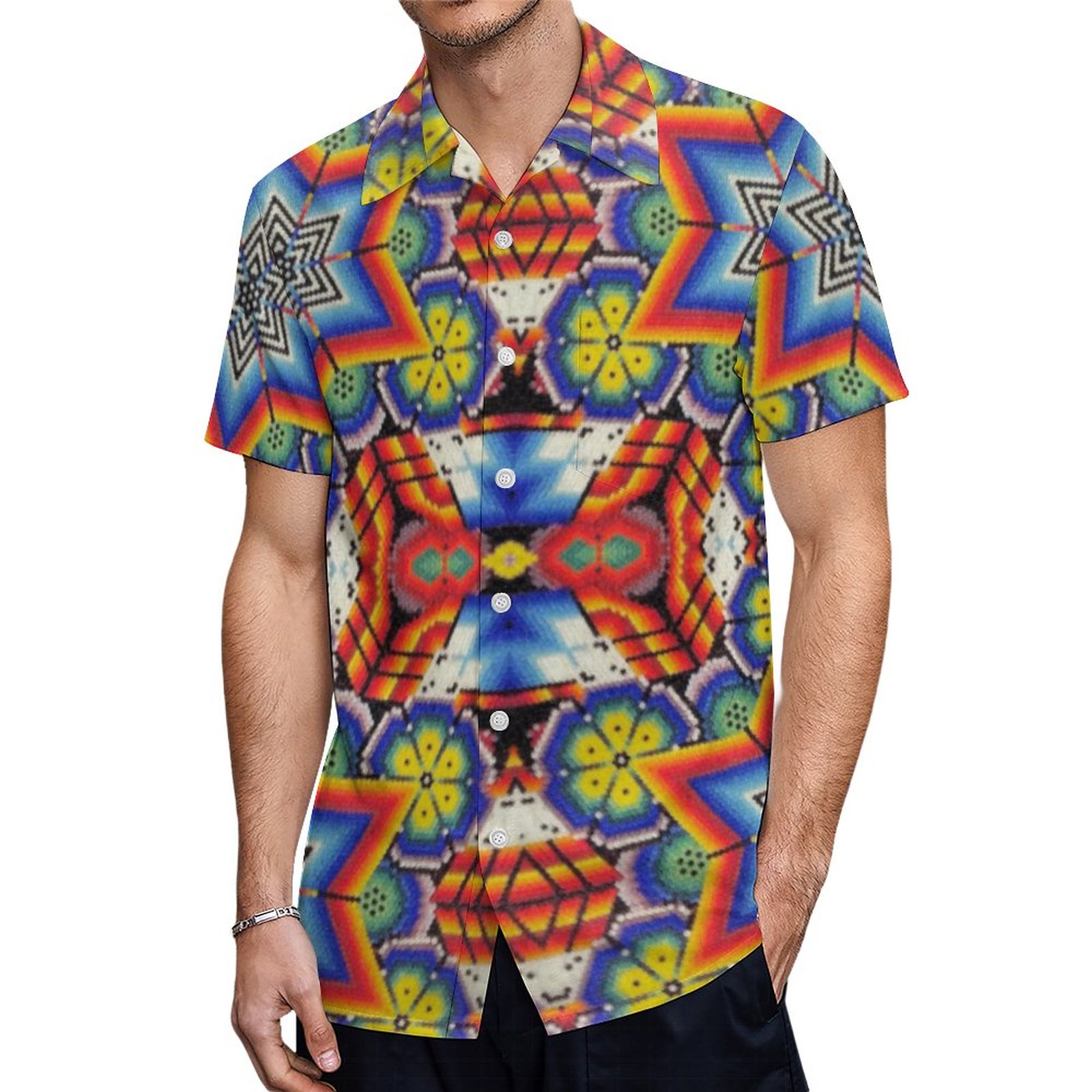 Huichol Beadwork Mexican Folk Art Bead Work Yoga Hawaiian Shirt Mens Button Down Tropical Hawaii Beach Shirts