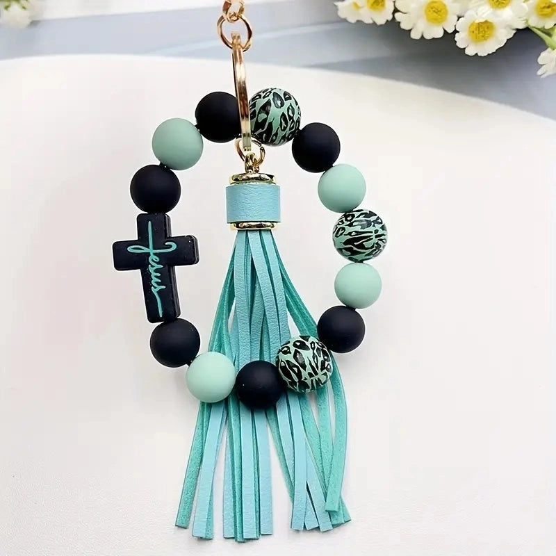 Casual Classic Style Cross Tassel Alloy Wooden Beads Silica Gel Beaded Keychain