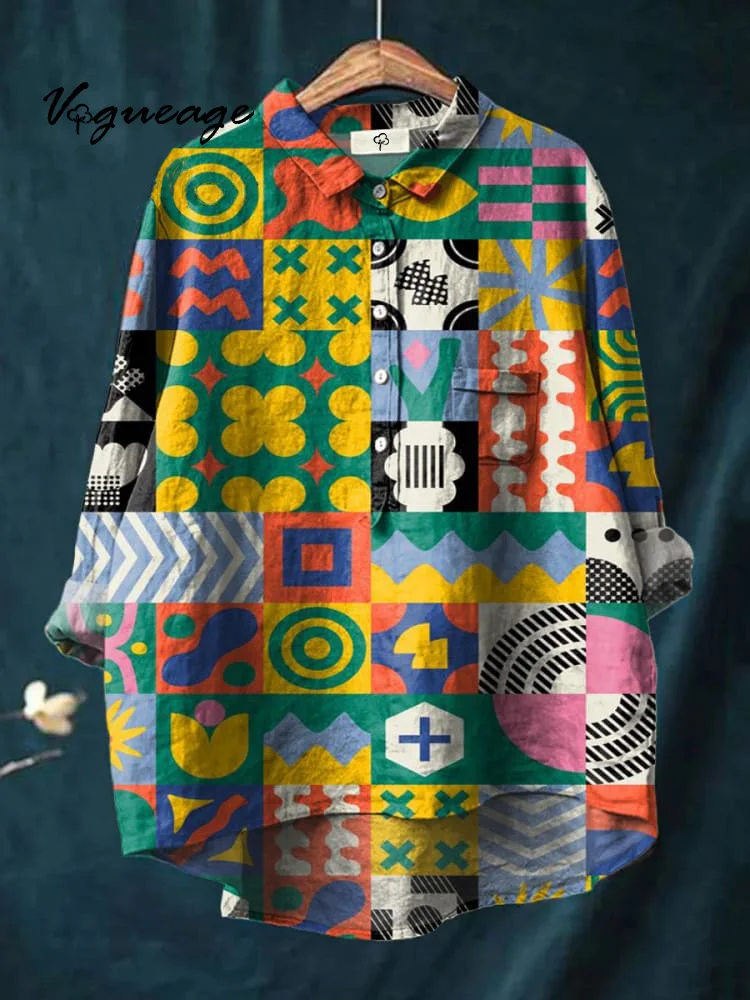 Colorful And Fashionable Color Block Pattern Print Cotton And Linen Shirt