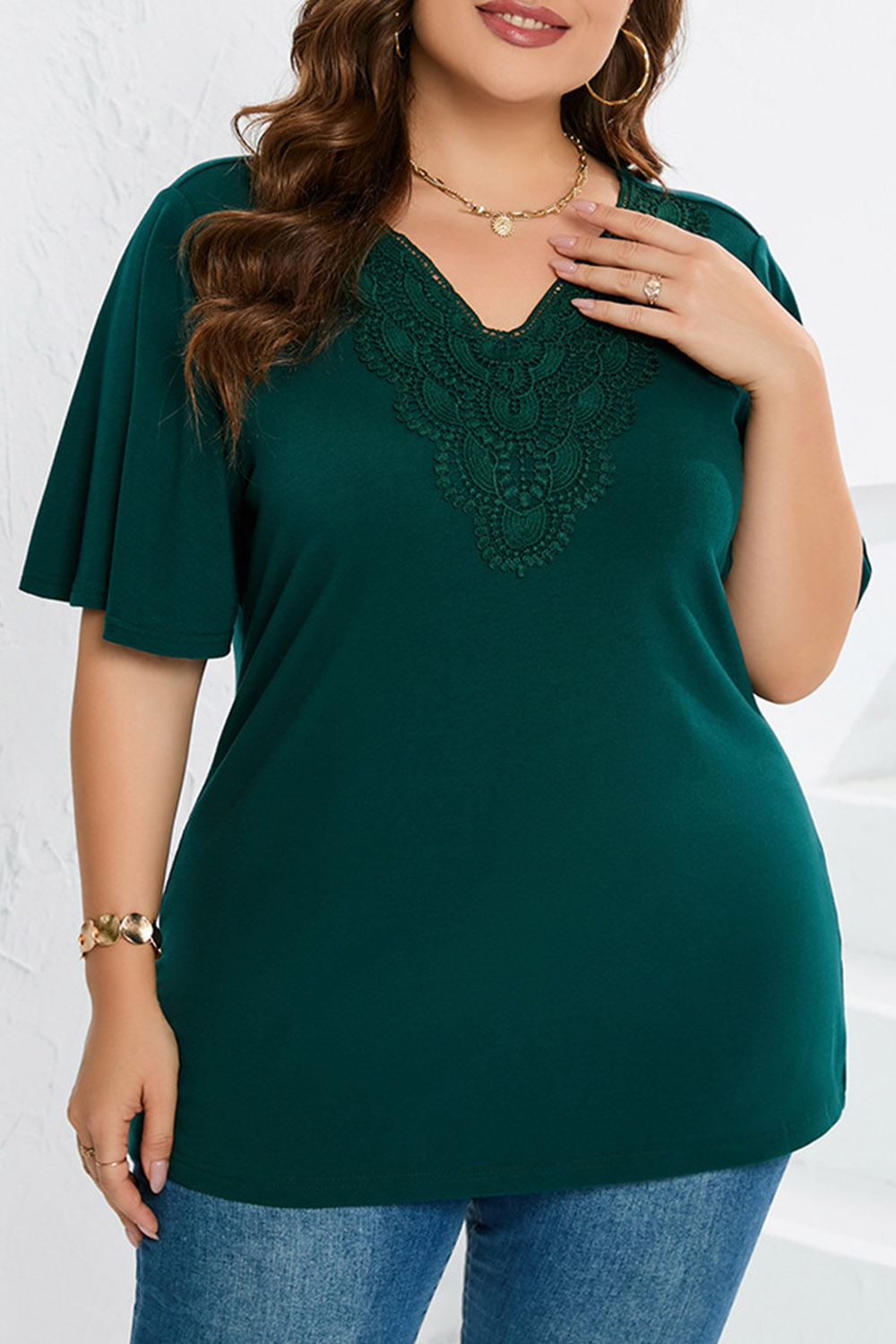 Plus Size Everyday Dark Green Lace Trim Flutter Sleeve Blouse