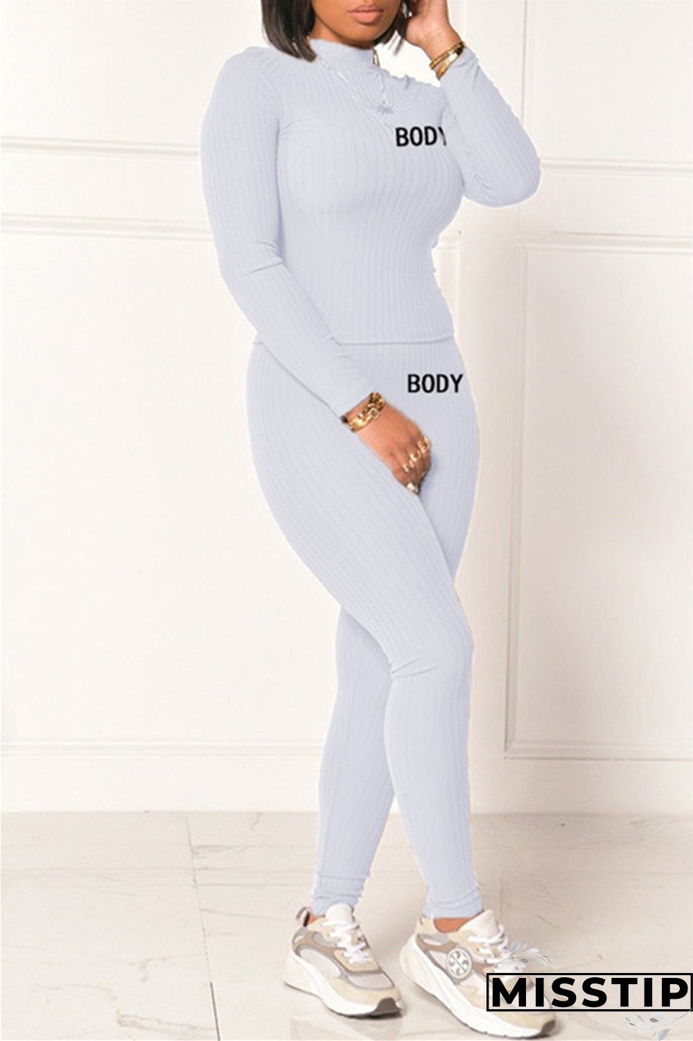 Grey Fashion Casual Letter Print Basic Half A Turtleneck Long Sleeve Two Pieces