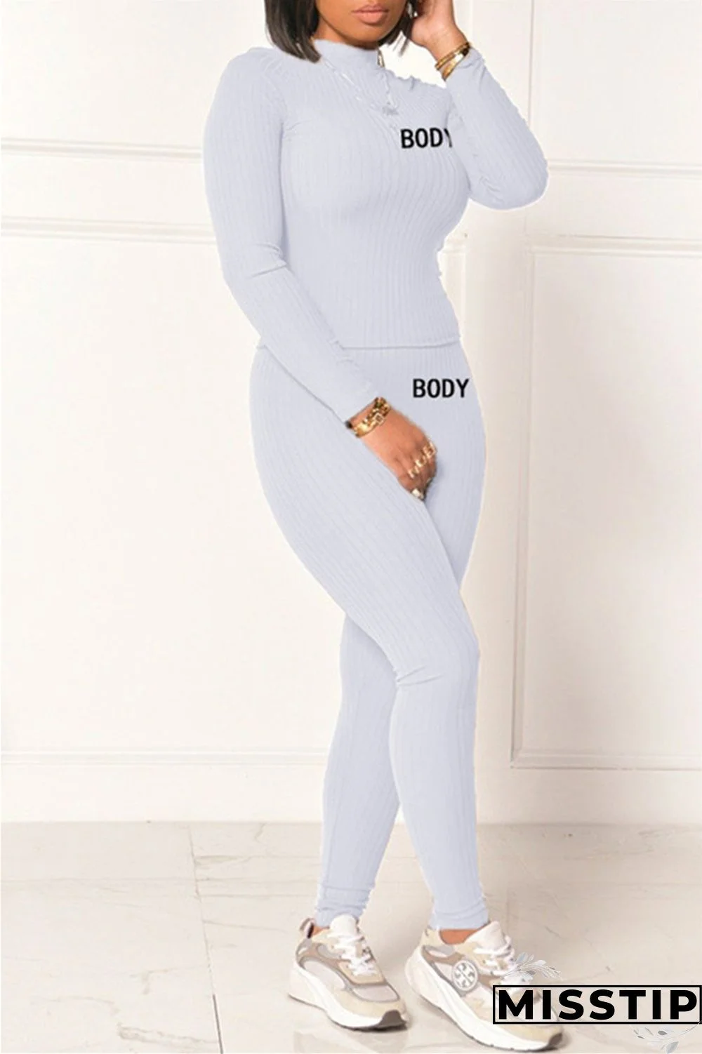 Grey Fashion Casual Letter Print Basic Half A Turtleneck Long Sleeve Two Pieces