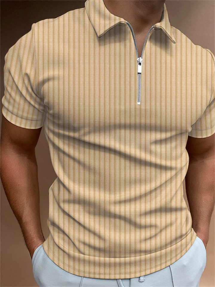 Men's Collar Polo Shirt Golf Shirt Striped Solid Colored Turndown Khaki Navy Blue Light Blue Gray White Going out golf shirts Short Sleeve Zipper Clothing Apparel Sports Designer Punk & Gothic / Slim