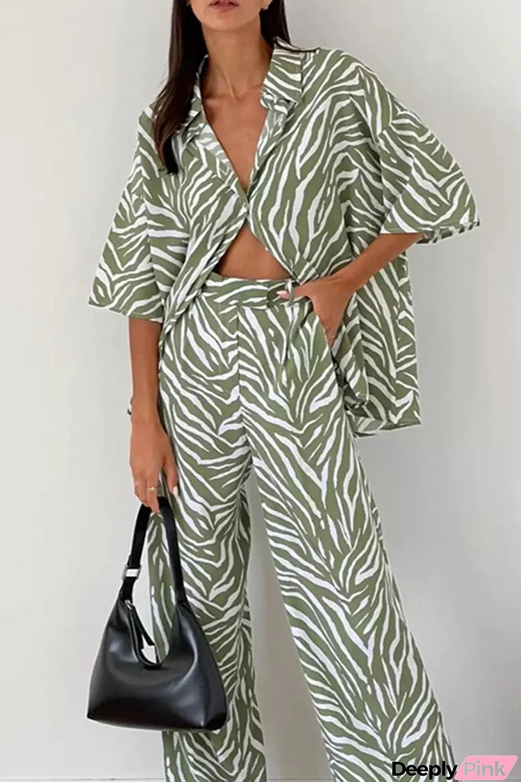 Zebra Print Short Sleeve Shirt Long Pant Suits