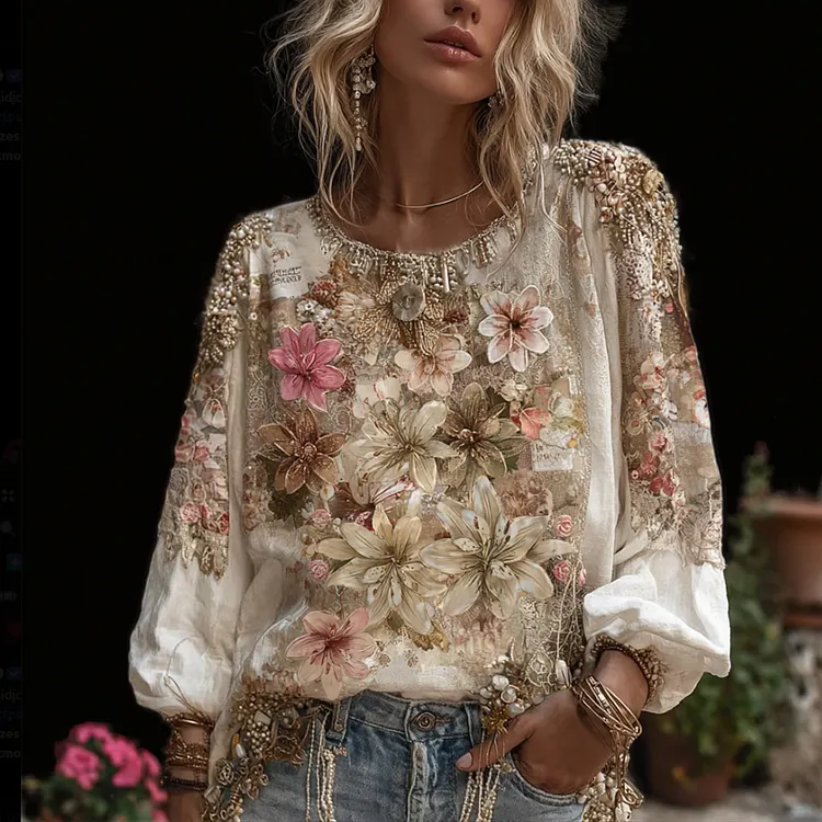 Boh&egrave;me Floral Printed Cotton And Linen Round Neck Long Sleeve Top