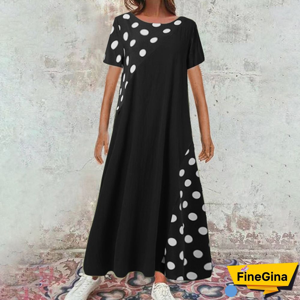 Summer Women Polka Dot Maxi Dress Robe Short Sleeve Round Neck Patchwork Party Casual Loose Long Dress Plus Size Tunic