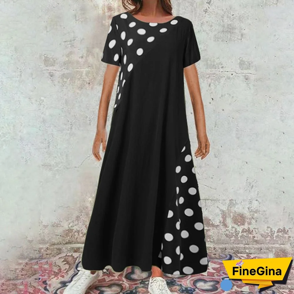 Summer Women Polka Dot Maxi Dress Robe Short Sleeve Round Neck Patchwork Party Casual Loose Long Dress Plus Size Tunic