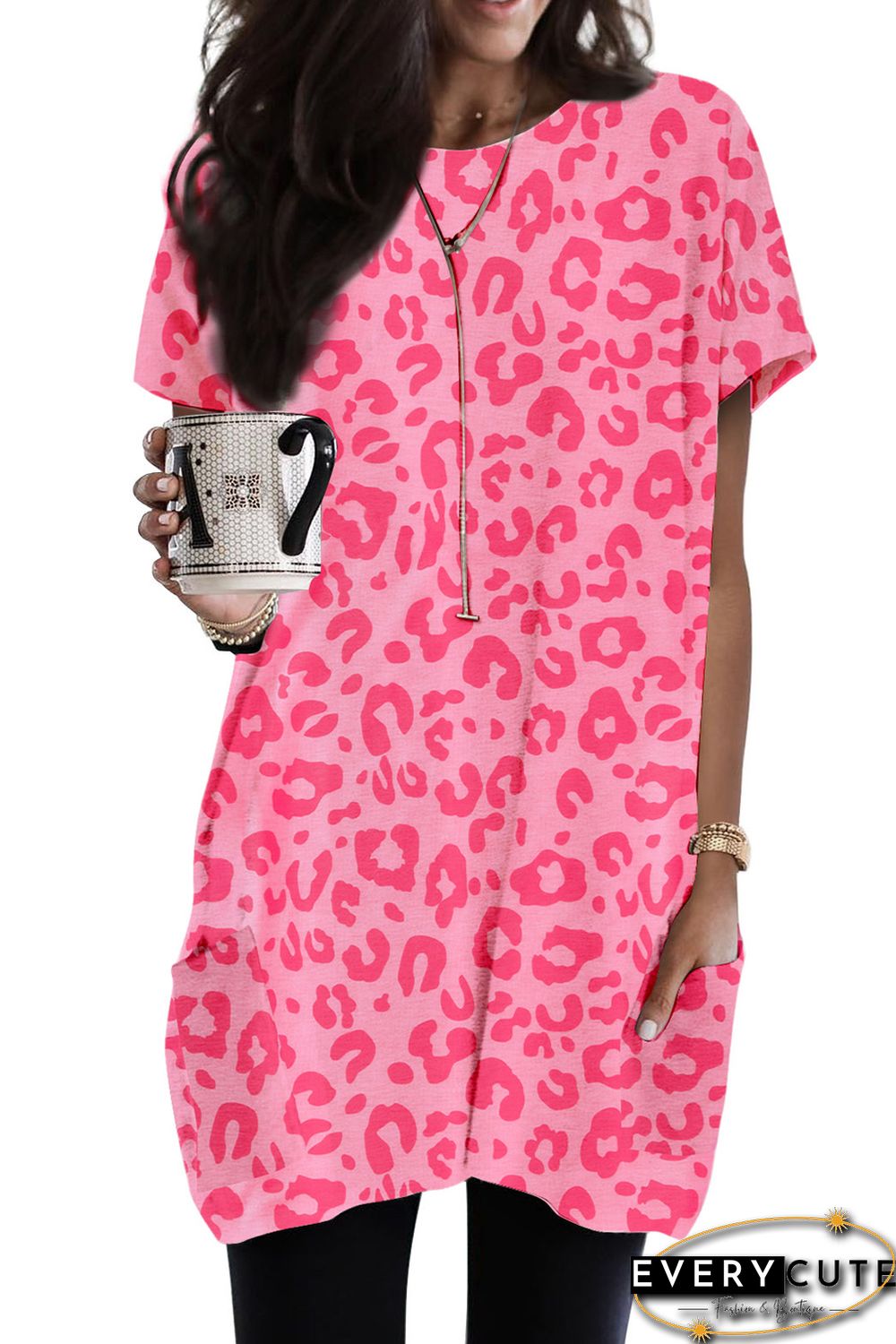 Pink Leopard Print Short Sleeve Tunic Top