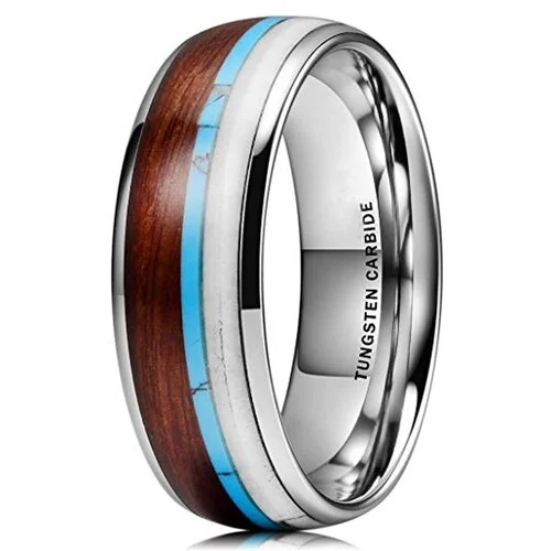 Women's Or Men's Wedding Tungsten Carbide Wedding Band Matching Rings,Silver Band with Blue Calaite Turquoise, White Antler and Wood Inlay. Comfort Fit Tungsten Carbide Domed Top Ring With Mens And Womens For Width 4MM 6MM 8MM 10MM