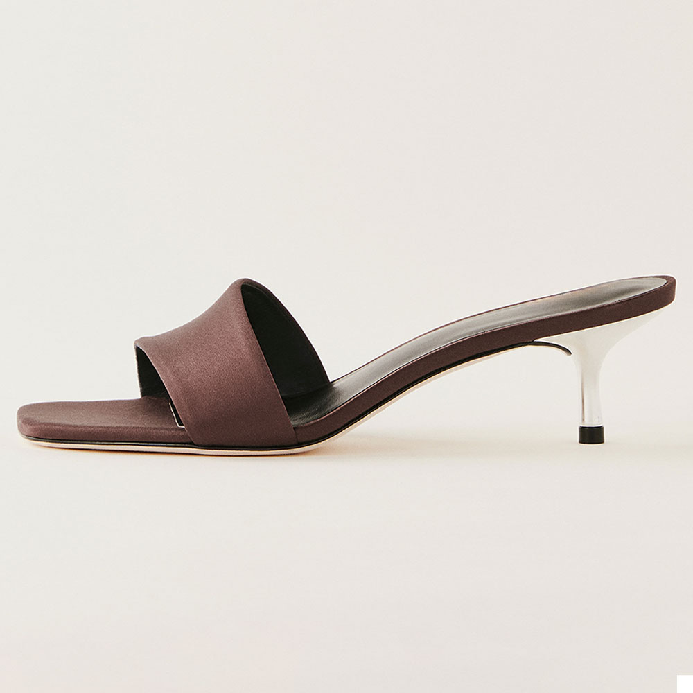 Brown Satin Open Square Toe Kitten Heel Mules Sandals for Women Nicepairs