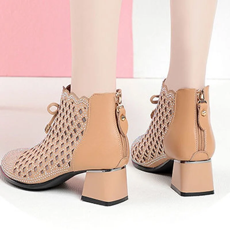 Qjong Women Mesh Pointed Toe Cool Boots Sandals Summer Chunky Pumps 2022 New Designer Women Heels Shoes Bow Sexy Party Mujer Zapatos