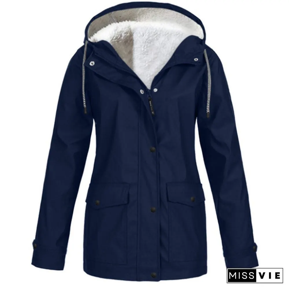 Womens Fashion All Seasons Outdoor Waterproof Rain Jacket Casual Loose Plus Size Hooded