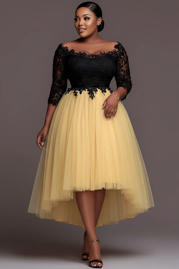 Xpluswear Design Plus Size Cocktail Party Lace Yellow Colorblock Round Neck 3/4 Sleeve High Low Hem Tulle Midi Dresses 2024 - Xpluswear