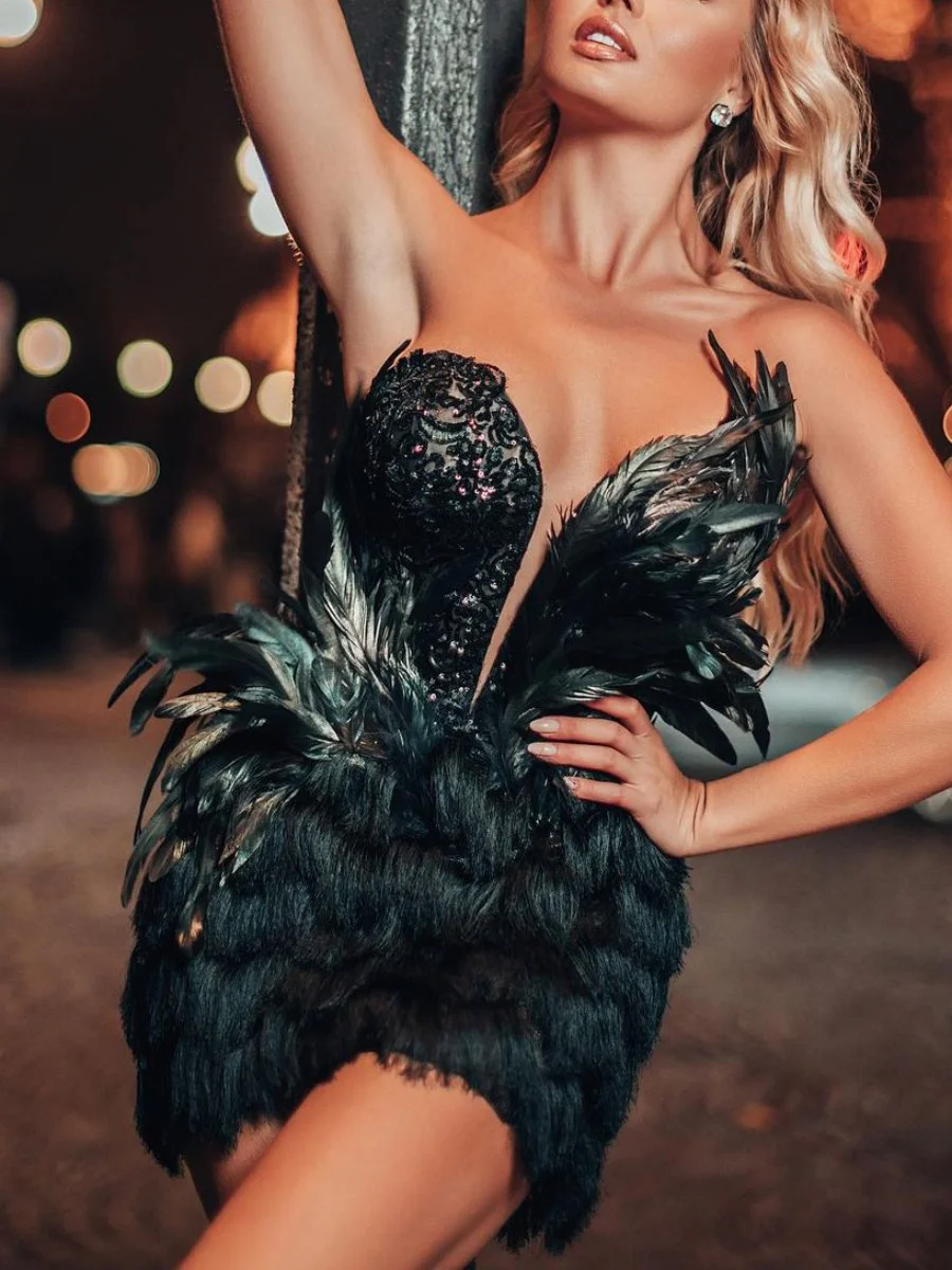 Feather Design Glitter Tube Top Bodycon Evening Mini Dress