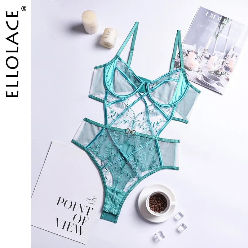 Ellolace Sexy Lace Bodysuit With Crotch See Through Hollow Out Embroidery Lingerie Sheer Body Underwire Mesh Bodycon Top