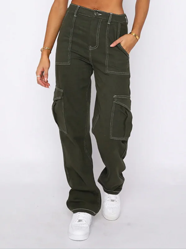 Women's casual fashion all-match low waist multi-pocket overalls Flusfy