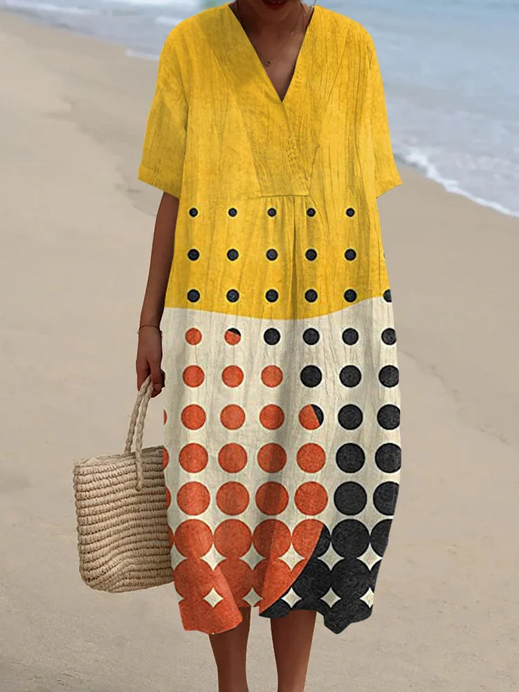 Vintage Bohemian Color Block Abstract Art Print V Neck Midi Dress