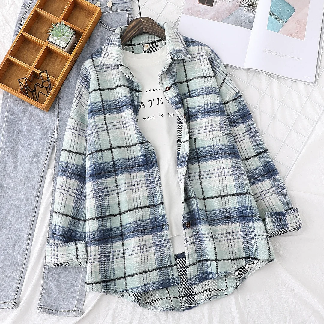 Spring New Women Casual Plaid Full Sleeve Thick Warm Woolen Shirt Jacket Winter Oversize Tops Stylish Girl Autumn OutwearT0N439T