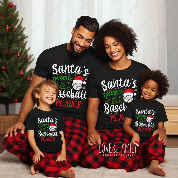 Santa's Favorite Baseball Player Christmas Family Short Sleeve Pajamas Sets