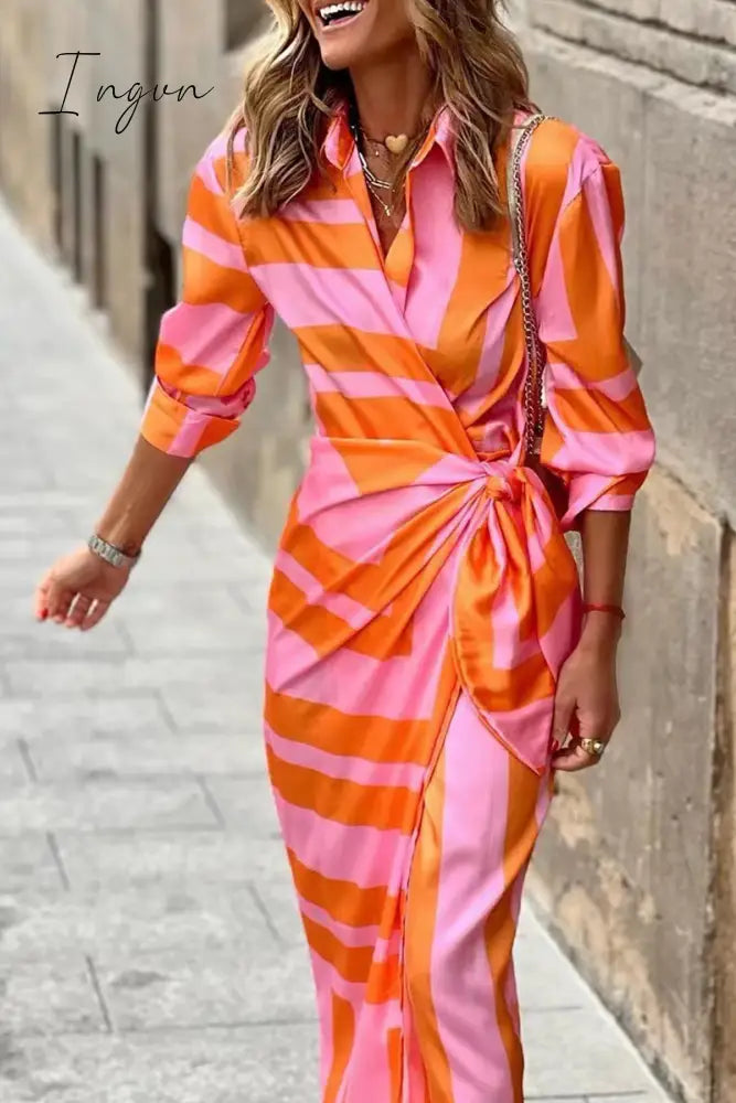 Ingvn - Fashion Print Split Joint Turndown Collar Shirt Dress Dresses(3 Colors) Tangerine Red / S