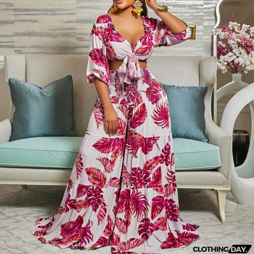 Women Printed V-neck Lace-Up Top + Wide Leg Pants Two-Piece Set