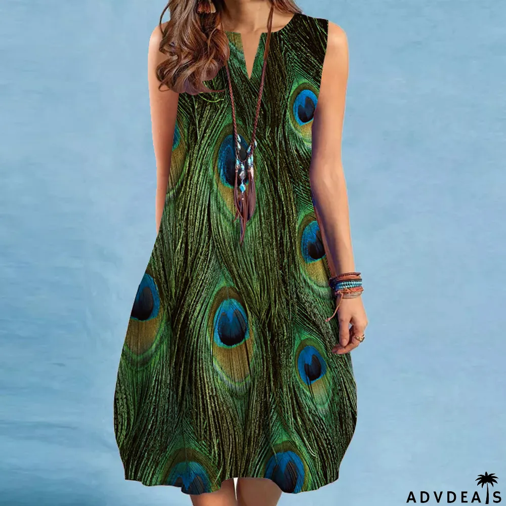 Fashion Vintage Print V Neck Multicolor Sexy Sleeveless Casual Dress
