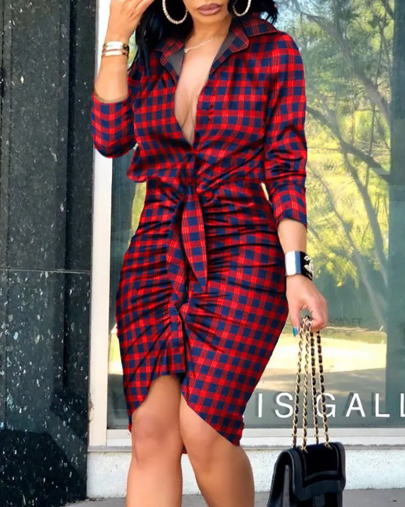 Brownm V-neck Lace-up Solid Color Long Sleeve Dresses